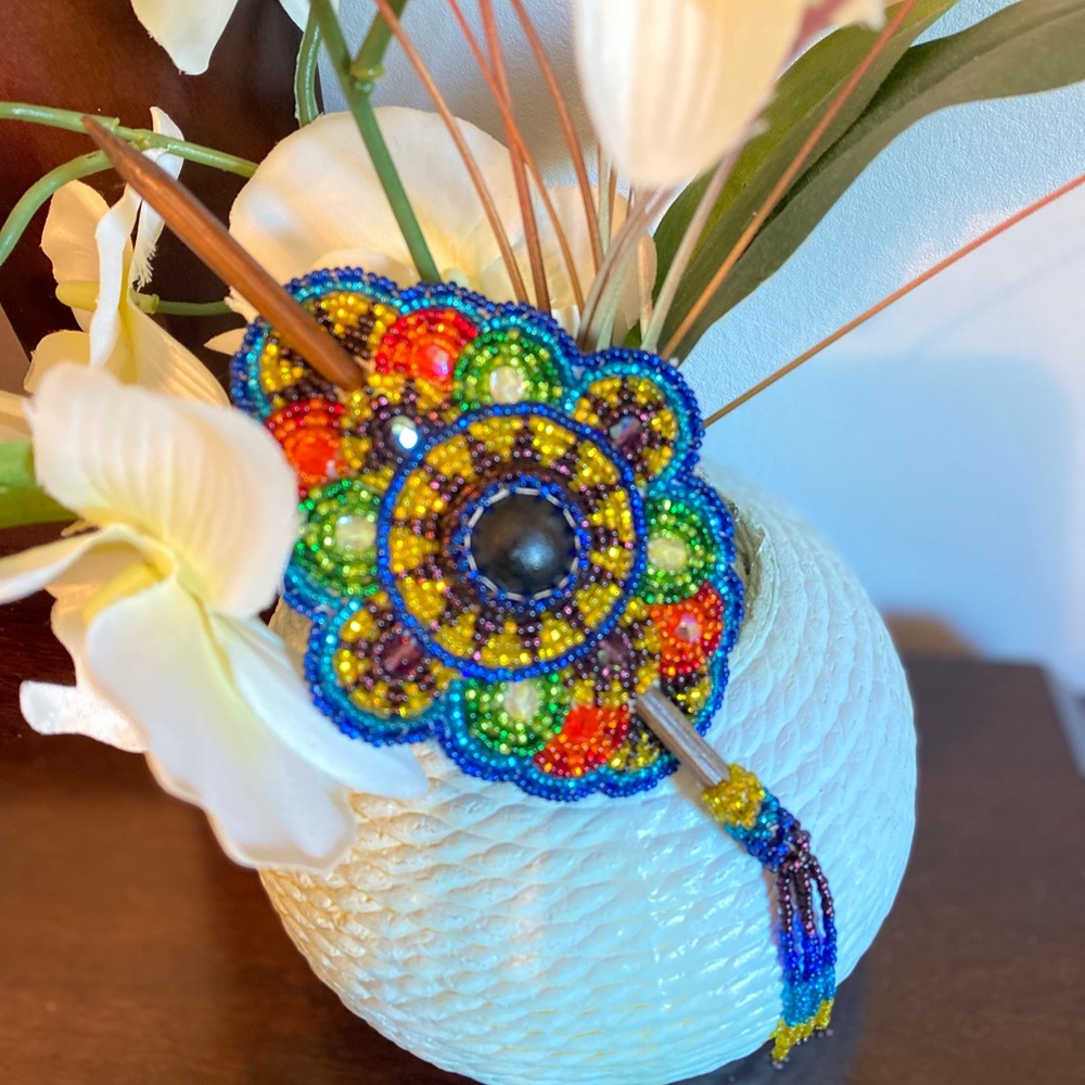 BEAUTIFUL Beaded Hair Barrette with Wood Stick